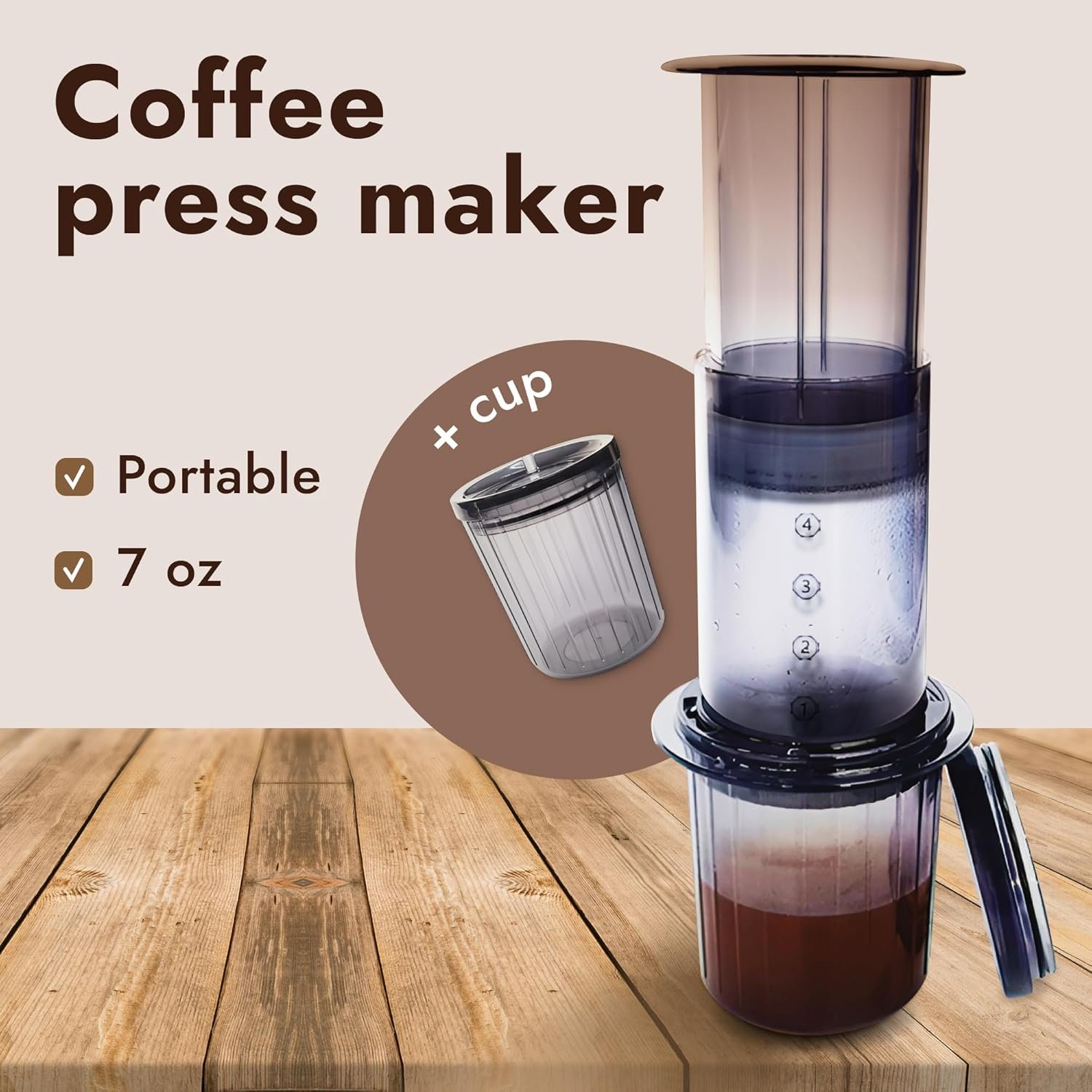 portable coffee press maker – 7 oz compact manual brewer for travel & home