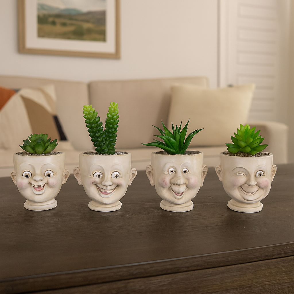funny face succulent planter set – 4 assorted resin pots with faux plants, whimsical home decor