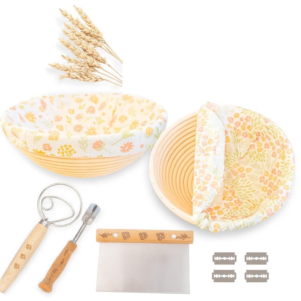 banneton bread proofing basket set of 2 – 9″ oval sourdough baskets with liners & tools