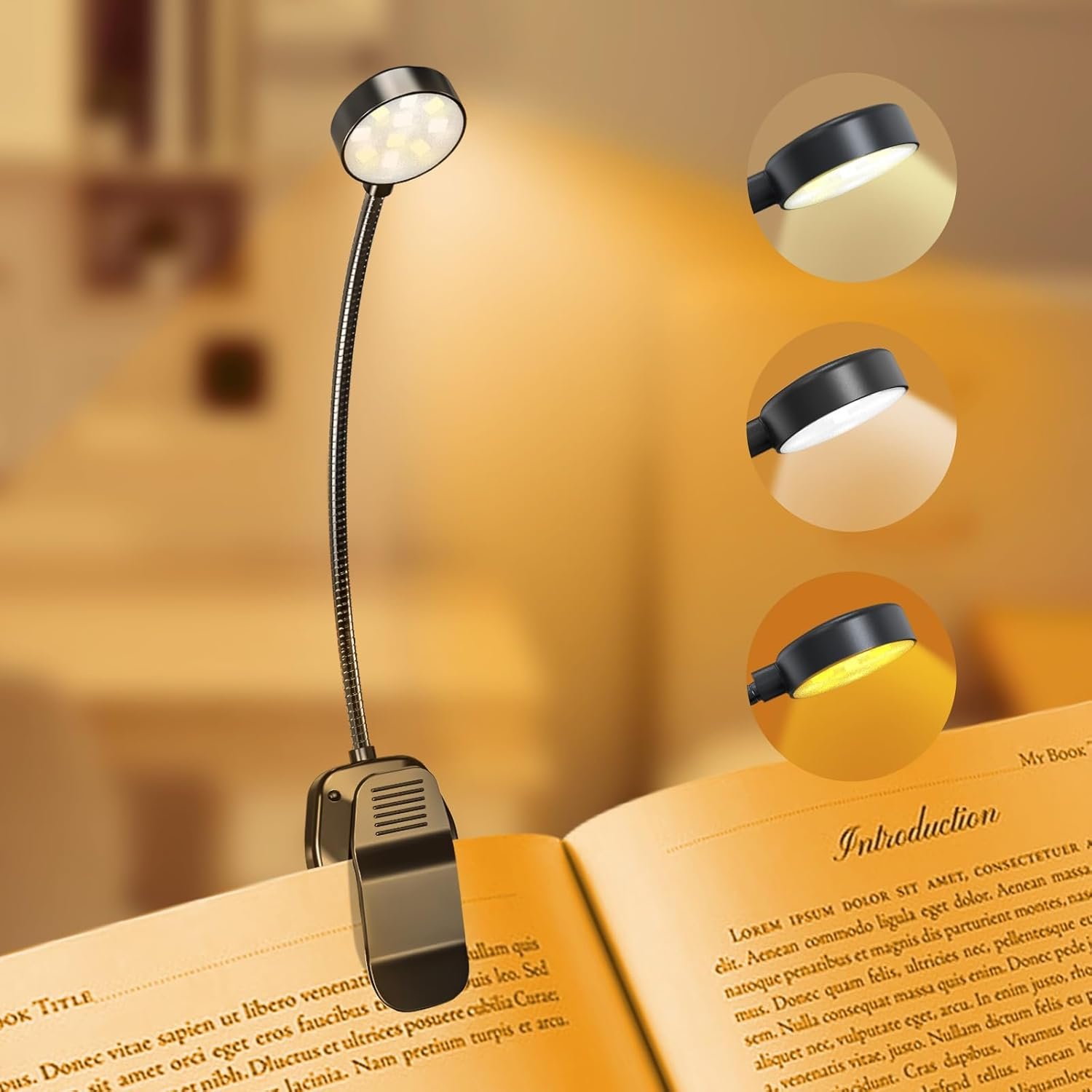 rechargeable book light – clip on reading lamp – 3 color temperatures & adjustable brightness