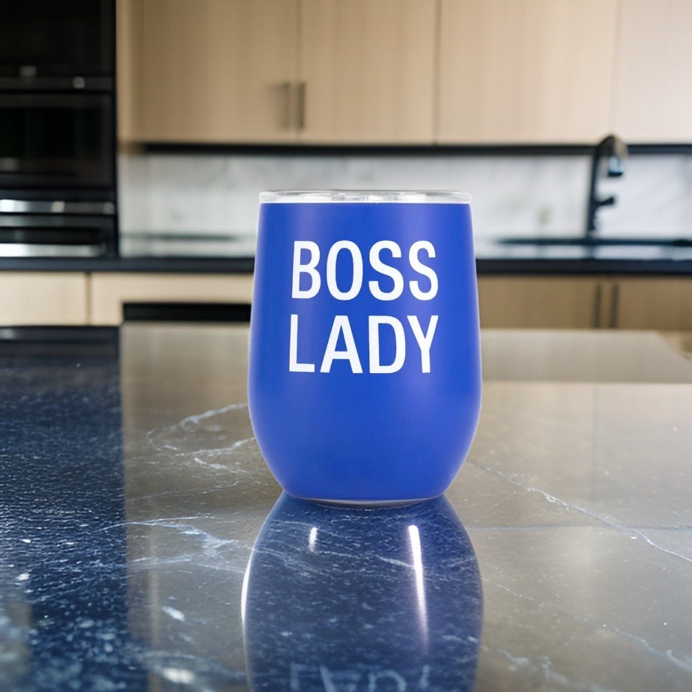 12oz "boss lady" stainless steel double walled wine tumbler spill proof lid