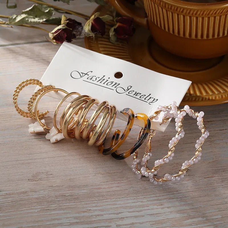 5pc multi gold hoops, faux mother of pearl butterfly charm earrings set fashion jewelry